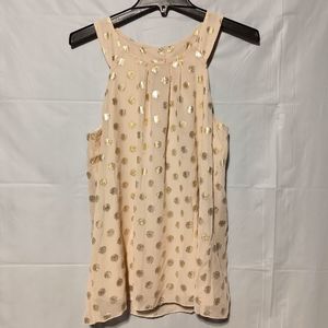 iZ Byer EUC Women's Dressy Tank, Size Large. Champagne Colored & Gold Dots